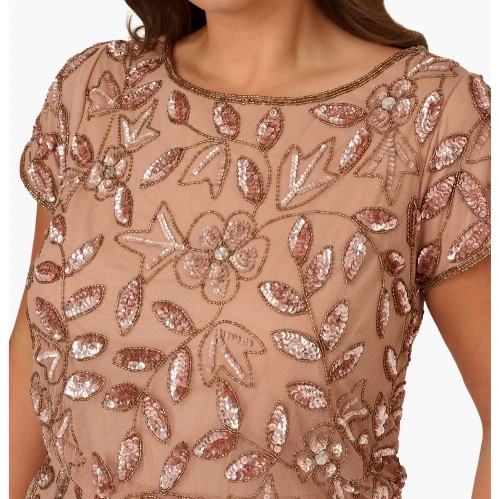 Adrianna Papell Floral Beaded Blouson Evening Gown Mauve Blush Pink size 2 New - Picture 5 of 8